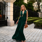 Vestido Longo V Drapeado com Cinto Pedra Verde