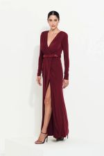 Vestido Longo Ombreira e Cinto Paetê Marsala 