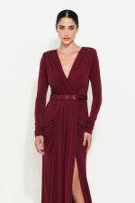 Vestido Longo Ombreira e Cinto Paetê Marsala 