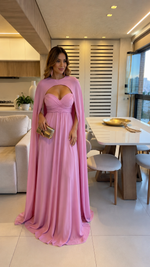 Vestido Longo Corset com Capa e Decote nas Costas Lilás