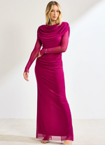 Vestido Longo Manga Longa com Fenda Fucsia 