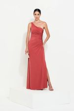 Vestido Longo Um Ombro Drapeado Terracota