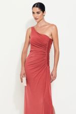 Vestido Longo Um Ombro Drapeado Terracota