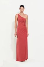 Vestido Longo Um Ombro Drapeado Terracota