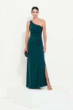 Vestido Longo Um Ombro Drapeado Verde