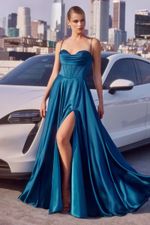 Vestido Longo Seda Corset Alça Fina Com Babados no Busto Azul Petroleo