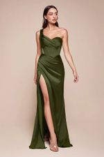 Vestido Longo com Corset de Uma Alça, Trançado nas Costas, Zíper e Fenda Verde