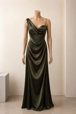 Vestido Longo com Corset de Uma Alça, Trançado nas Costas, Zíper e Fenda Verde