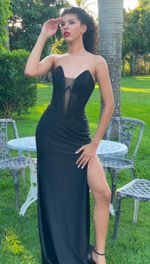 Vestido Longo com Decote em V, Brilho e Fenda Preto
