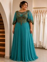 Vestido Longo com Bordado Capa e Brilho Azul Turquesa