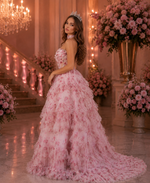 Vestido Longo em Tule Florido com Babados