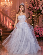 Vestido Longo Princesa Tule com Renda Azul Claro