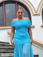 Vestido Longo Ombro a Ombro com Drapeado Azul