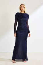 Vestido Longo Manga Longa com Fenda Azul Marinho