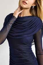 Vestido Longo Manga Longa com Fenda Azul Marinho