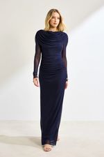 Vestido Longo Manga Longa com Fenda Azul Marinho