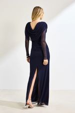 Vestido Longo Manga Longa com Fenda Azul Marinho