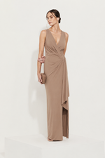 Vestido Longo Cruzado Busto Liso Regata Marrom Claro