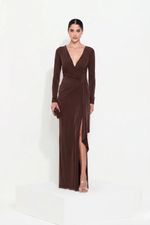 Vestido Longo manga comprida Cruzado no Busto Liso Marrom