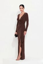 Vestido Longo manga comprida Cruzado no Busto Liso Marrom