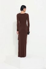Vestido Longo manga comprida Cruzado no Busto Liso Marrom