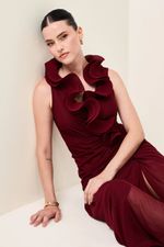 Vestido Longo com Gola de Babados Marsala