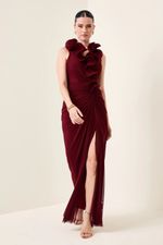 Vestido Longo com Gola de Babados Marsala