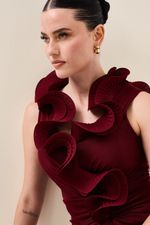 Vestido Longo com Gola de Babados Marsala