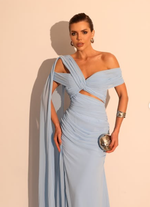 Vestido Longo Assimétrico de Um Ombro com Laço Azul Claro