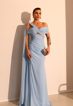 Vestido Longo Assimétrico de Um Ombro com Laço Azul Claro