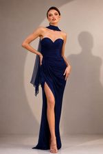 Vestido Longo Tomara que Caia Drapeado com Fenda Azul