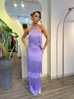 Vestido Frente Única com Franjas e Flor Lilás