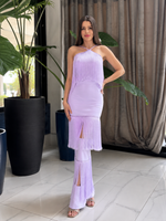 Vestido Frente Única com Franjas e Flor Lilás