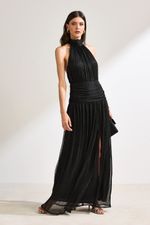 Vestido Longo com Gola Alta Cintura Drapeada Preto