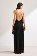 Vestido Longo com Gola Alta Cintura Drapeada Preto