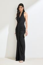 Vestido Longo Frente Única com Drapeado e Faixa Frontal Preto