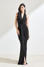 Vestido Longo Frente Única com Drapeado e Faixa Frontal Preto
