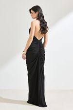 Vestido Longo Frente Única com Drapeado e Faixa Frontal Preto