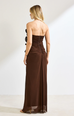 Vestido Longo Tomara que Caia com Babados Marrom