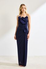 Vestido Longo Tomara que Caia com Babados Azul Marinho