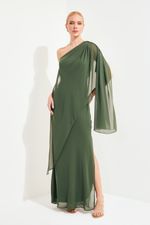 Vestido Longo Um Ombro Fluido Verde Oliva