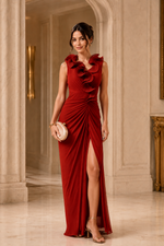 Vestido Longo com Gola de Babados Terracota
