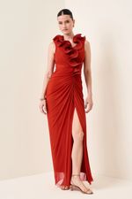 Vestido Longo com Gola de Babados Terracota