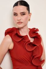 Vestido Longo com Gola de Babados Terracota
