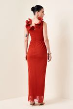 Vestido Longo com Gola de Babados Terracota