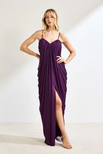 Vestido Longo Drapeado com Fenda e Alças Finas Roxo