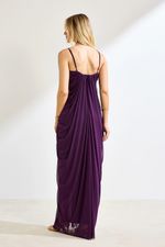 Vestido Longo Drapeado com Fenda e Alças Finas Roxo