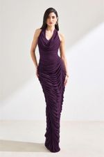 Vestido Longo Drapeado Frente Única com Gola Degagê Roxo