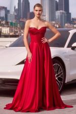 Vestido Longo com Corset Bordado em Florzinhas e Saia Ampla Vermelho