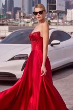Vestido Longo com Corset Bordado em Florzinhas e Saia Ampla Vermelho